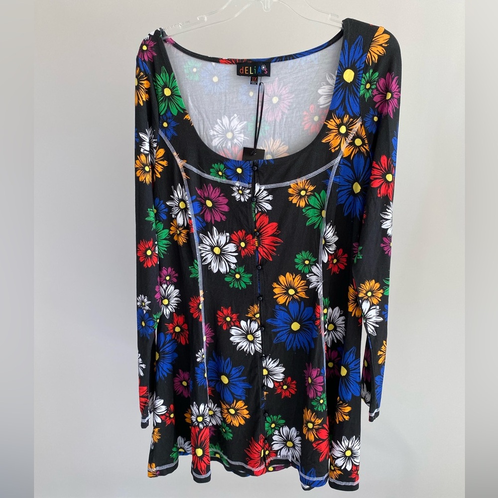 Delia’s Long Sleeve Button Down Front Mini Dress Retro Wildflower On black